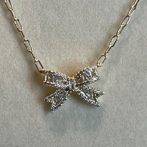 Adina Eden Pave X Baguette Mini Bow Tie Link Necklace, Gold - NWT